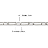 Sterling silver paperclip chain with measurements on a white background